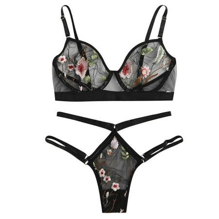 

YUEHAO Womens Underwear Bra New Fashion Thong Sleepwear Underwear Lingerie Flower Lace (Black)