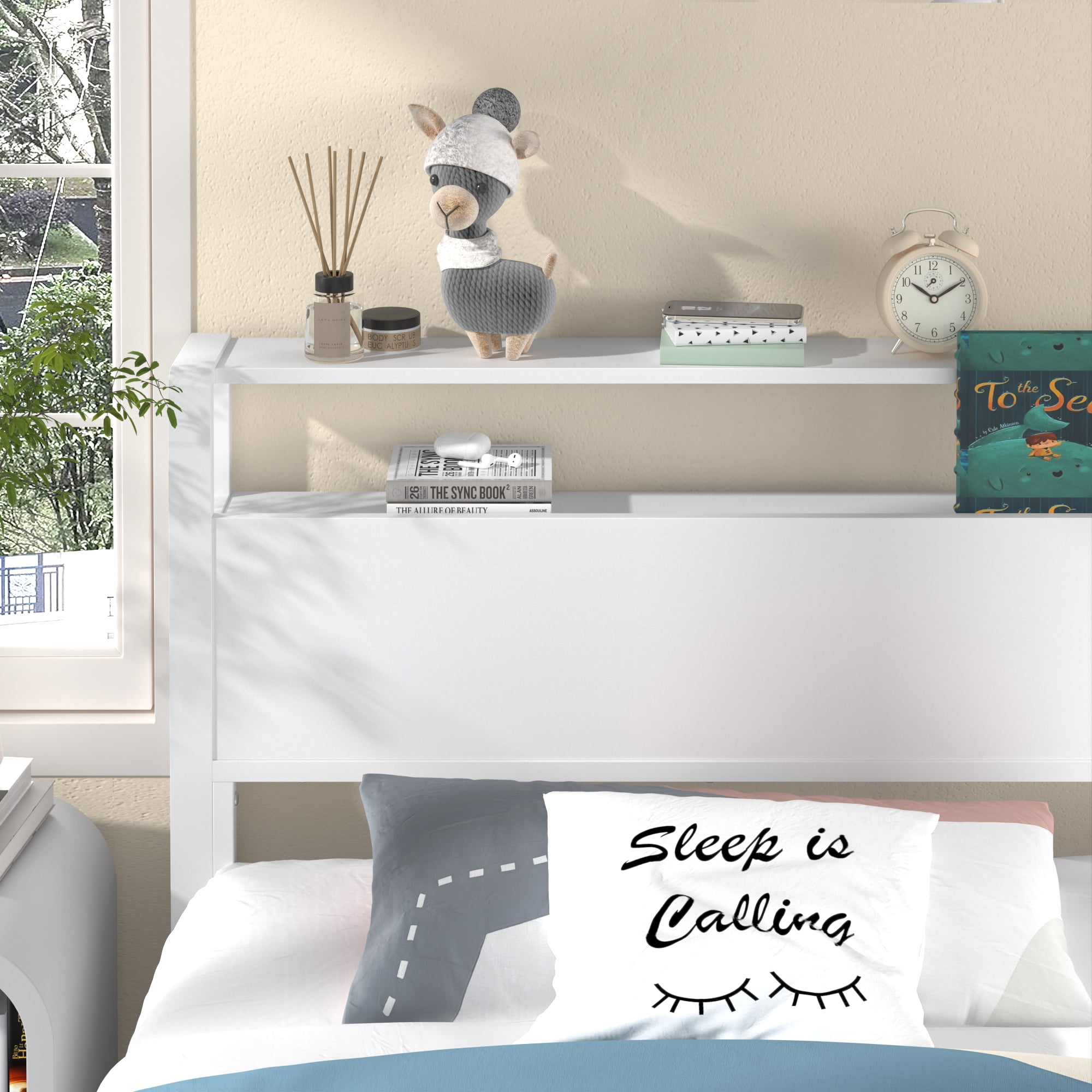 Yoneston 12" Twin Metal Bed Frame with 2-Tire Storage Headboard for Girls, Heavy Duty Platform Bed Frame No Box Spring Bedroom Furniture, White