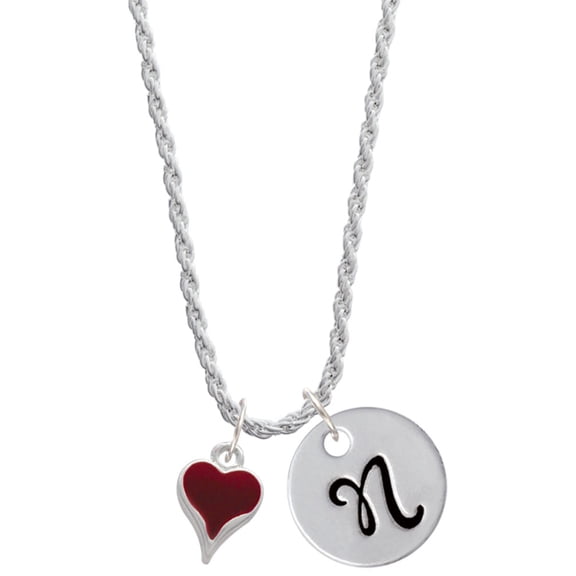 Delight Jewelry Silvertone Small Long Maroon Heart Silvertone Script Initial Disc - N - Charm Necklace, 20"+3"
