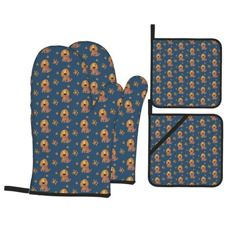 

Oven Mitts and Pot Holders Sets 4 pcs - Cute Dog Footprints Heat Resistant Silicone Oven Gloves with Non-Slip Silicone Surface and hot pads for kitchen Baking Cooking BBQ