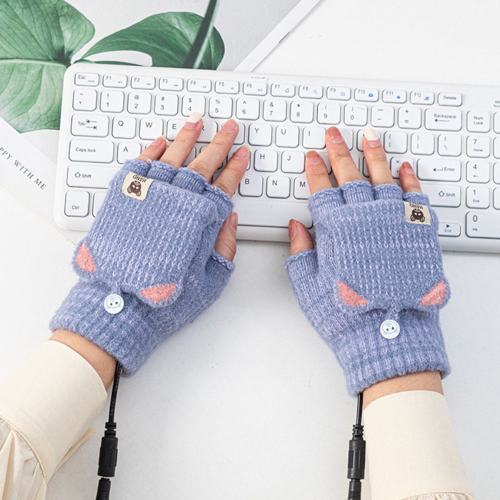 Winter Electric Rechargeable Mitten Heat Gloves Half Finger W/Hat USB Knitted UK 