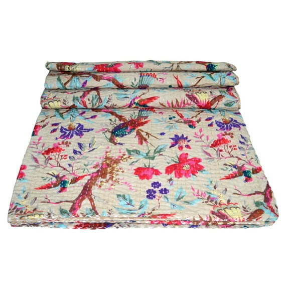 Bird Hand Stitched Bedding Bedspread Cotton Kantha Quilt Hippie Indian Cotton Handmade Queen Bohemian Blanket Ethnic Cotton Coverlet
