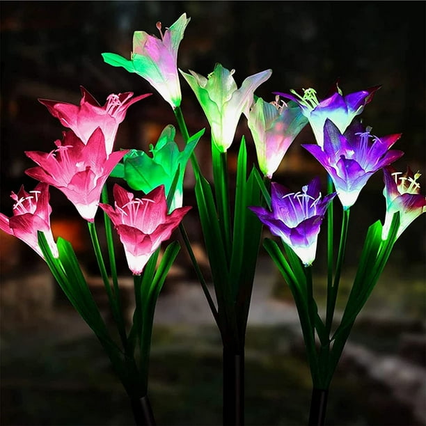 Lámpara solar Laklulu para jardín al aire libre, 3 piezas de luz solar con forma de lirio, lámpara solar con flores artificiales (rosa, violeta y blanco)