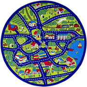 Kids Round Rug Street Map Blue Learning Area Rug - Non Slip Bottom (8' 8" Diameter Round)