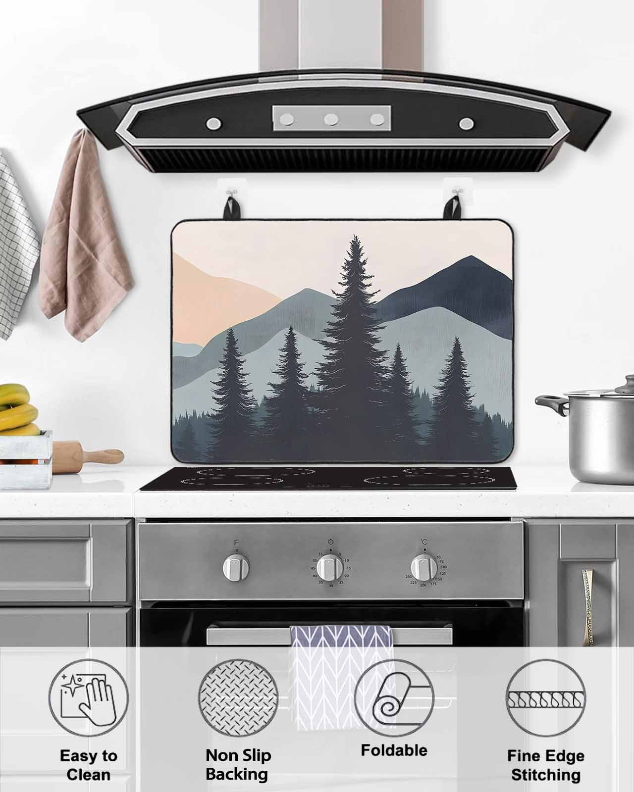 nqOlkjepod Large Induction Cooktop Protector Mat 36"x21", Mountain Forest Stove Top Covers for Electric Stove, Nature Tree Scenery Watercolor Pink Blue Stove Burner Cover Mats, Glass Top Stove Cover