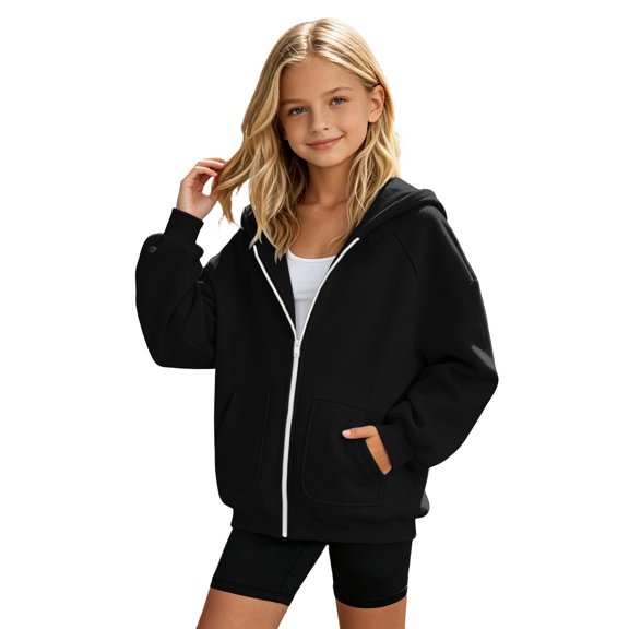 WAYUTE Sweatshirts for Girls Kids Full Zipper Hooded Sweatshirt Raglan Long Sleeve Solid Color Soft Lined Outwear School Casual Streetwear,Black,Size 6-7 Y