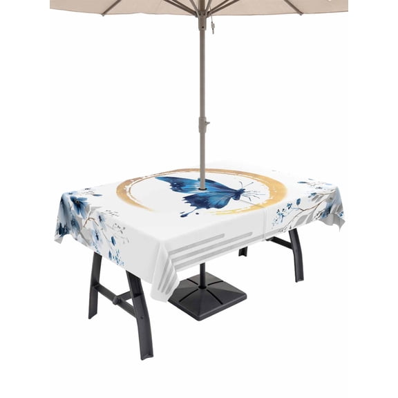 Outdoor Tablecloth with Umbrella Hole for Patio/Picnic/Party/Camping, Blue Butterflies Flowers Waterproof Table Cloth Rectangle Table Cover Washable, Spring Watercolor Botanical Floral (54"x 80")