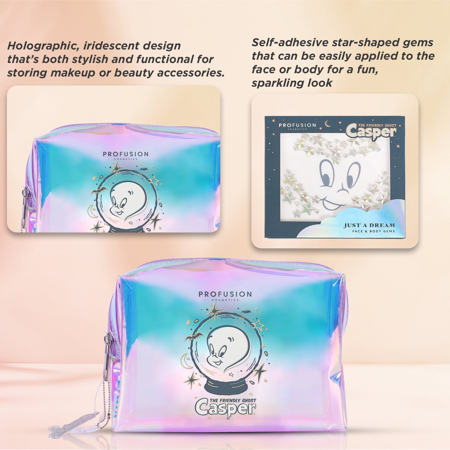 Profusion Cosmetics Casper Ghost Makeup Bag with Glow-in-the-Dark Gems, Cute Travel Beauty Pouch