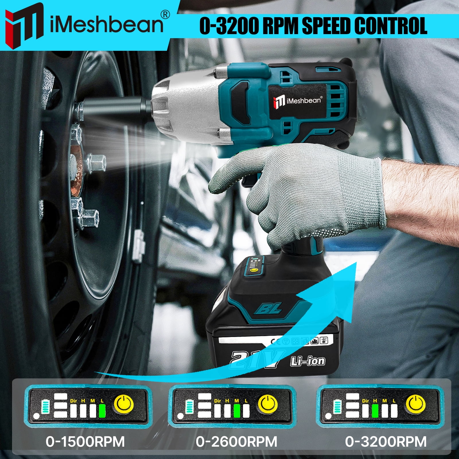 iMeshbean 21V Cordless Electric Impact Wrench Gun 1/2'' High Power Driver 1000N.m w/ 2PCS Battery