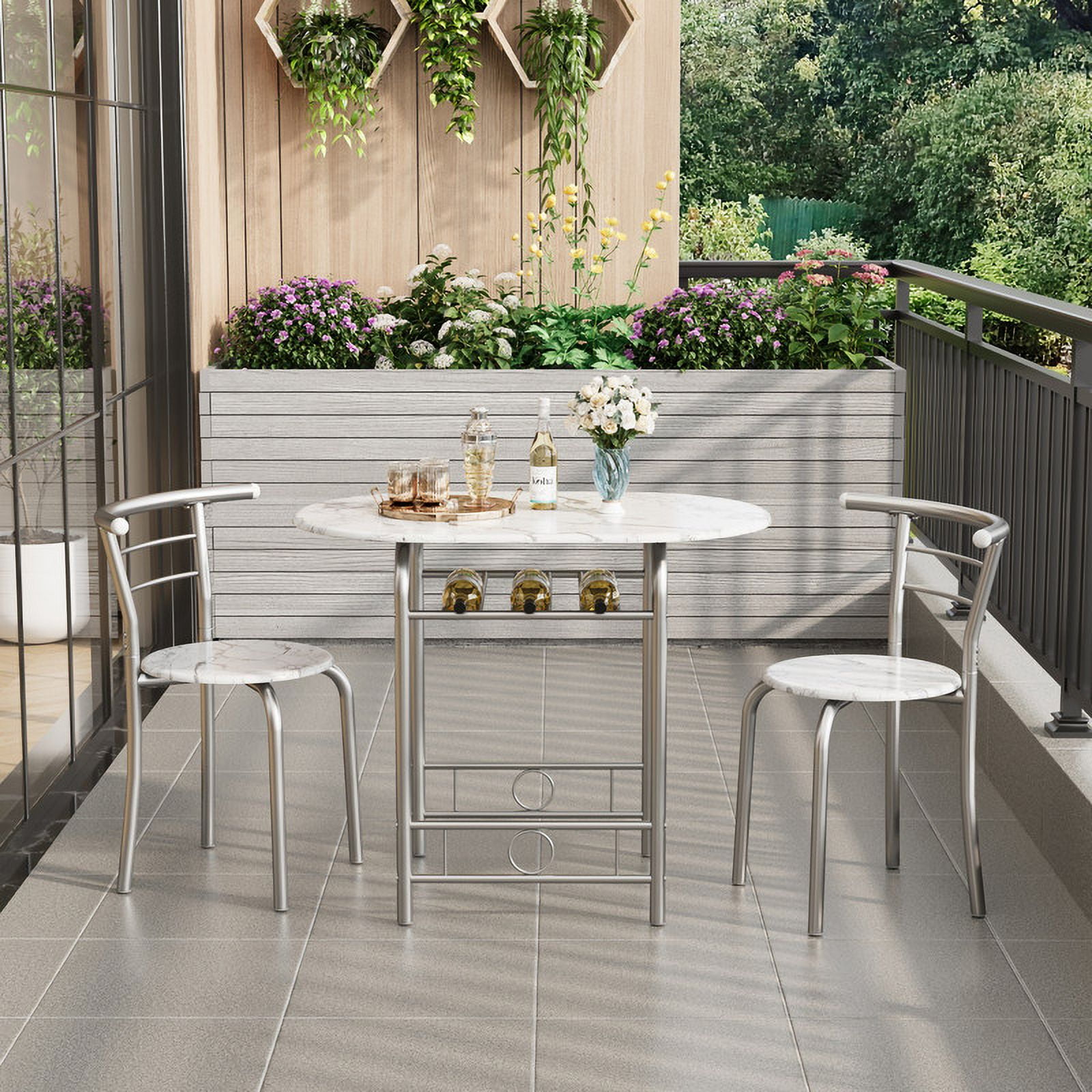 Lacoo 3-Piece Small Dining set, Table and Chair Set for 2 ,for Living Room, Dining Room, Kitchen, Marble & Sliver