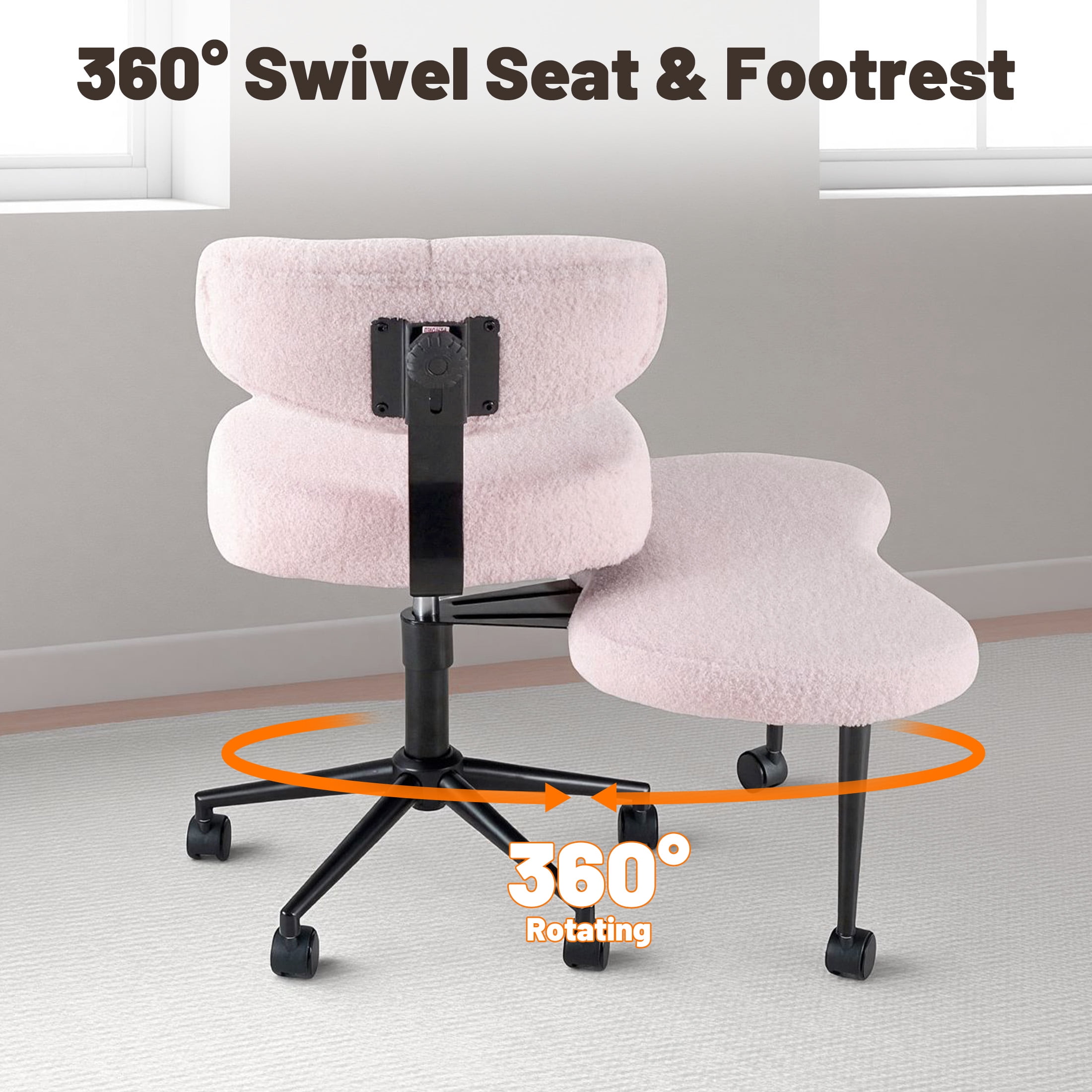 edx Ergonomic Cross Legged Swivel Chair with Back Support, Adjustable Height Meditation Chair, 360° Rotating Footrest, Rolling Office Floor Chair, Pink