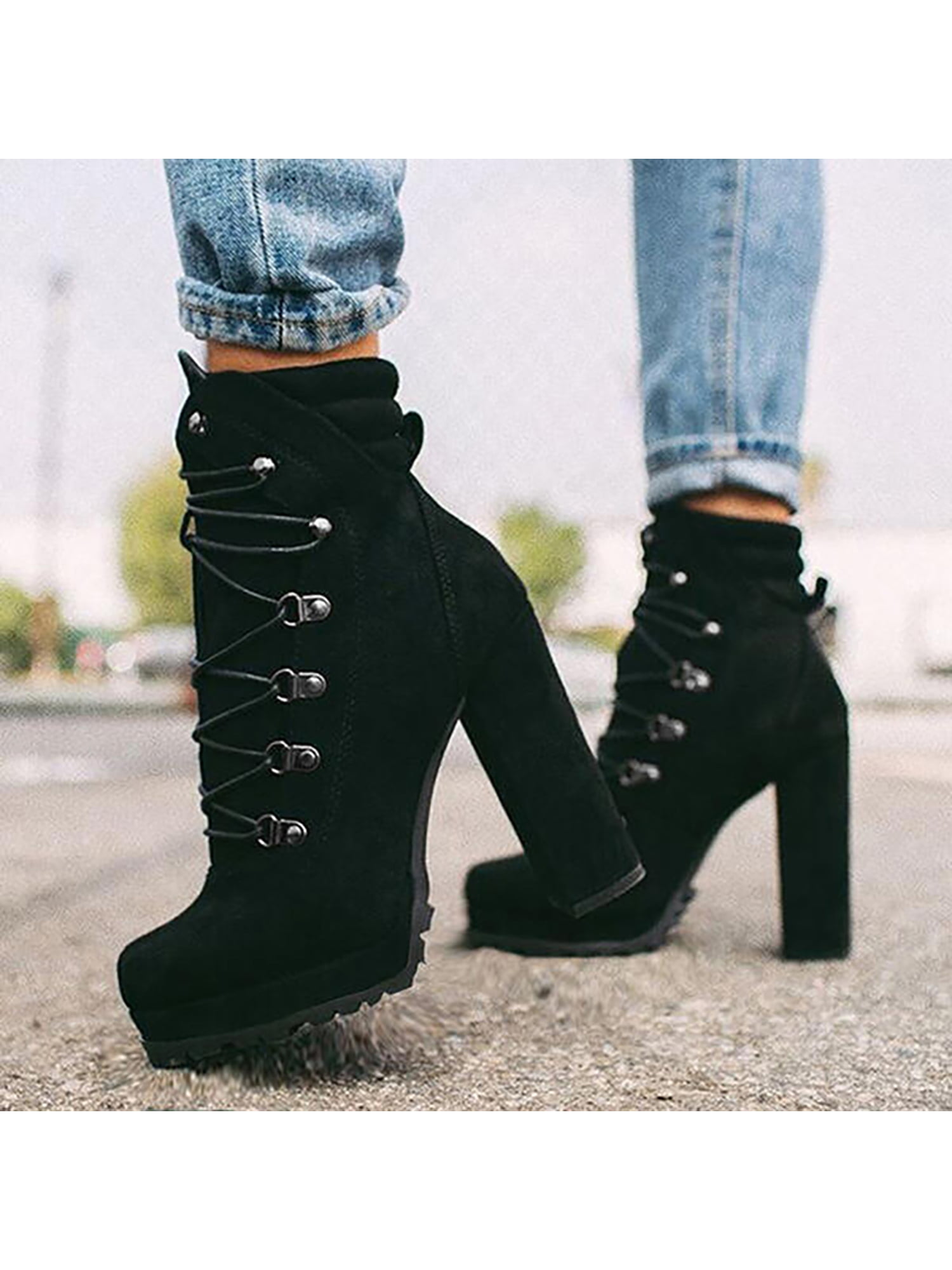 Harsuny Women'S Winter Boots Round Toe Block Stacked High Heels Lace Up  Military Combat Boots Riding Bootie Black 5 - Walmart.Com