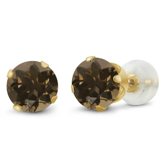 Gem Stone King 10K Yellow Gold Brown Smoky Quartz Stud Earrings for Women Men Jewelry | 1.60 Cttw | Gemstone Birthstone | Round 6MM
