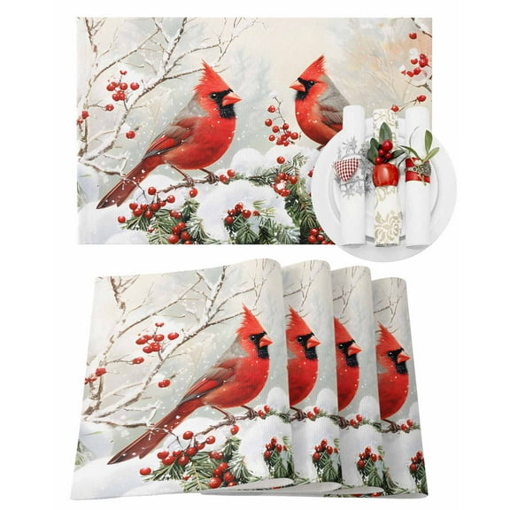 Christmas Placemats Set of 6, Cardinals Birds Place Mats Pine Tree Red Berry Placemat Table Decoration for Kitchen Table Dinner Xmas Holiday Party Home Decor Indoor Outdoor 13x19 Inch