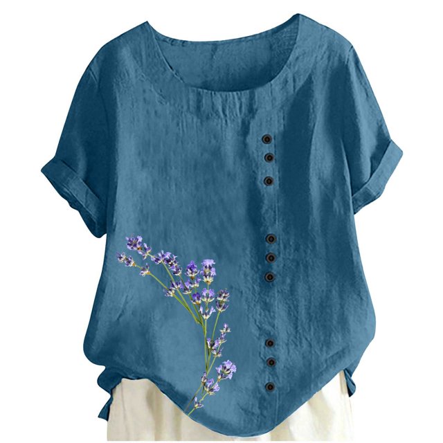 Liquidation! Uooqdmx Chemises en Lin pour Femmes, Chemises à Manches Courtes pour Femmes, Hauts Fluides pour Femmes, Blouse Col Rond Décontractée Coupe Ample Tunique, Hauts en Gaze pour Femmes, Bleu m