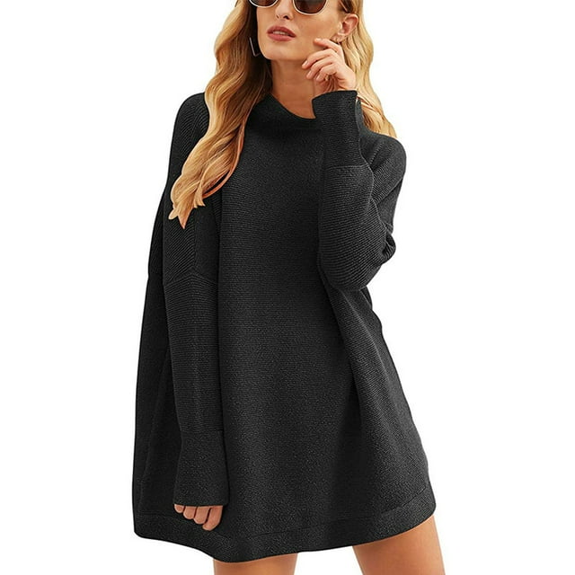TIMIFIS Chandails pour Femmes Femmes Col Roulé Manches Chauve-Souris Ourlet Haut-Bas Tricot Gaufré Décontracté Ample Surdimensionné Tunique Chandail Mode Automne pour Femmes
