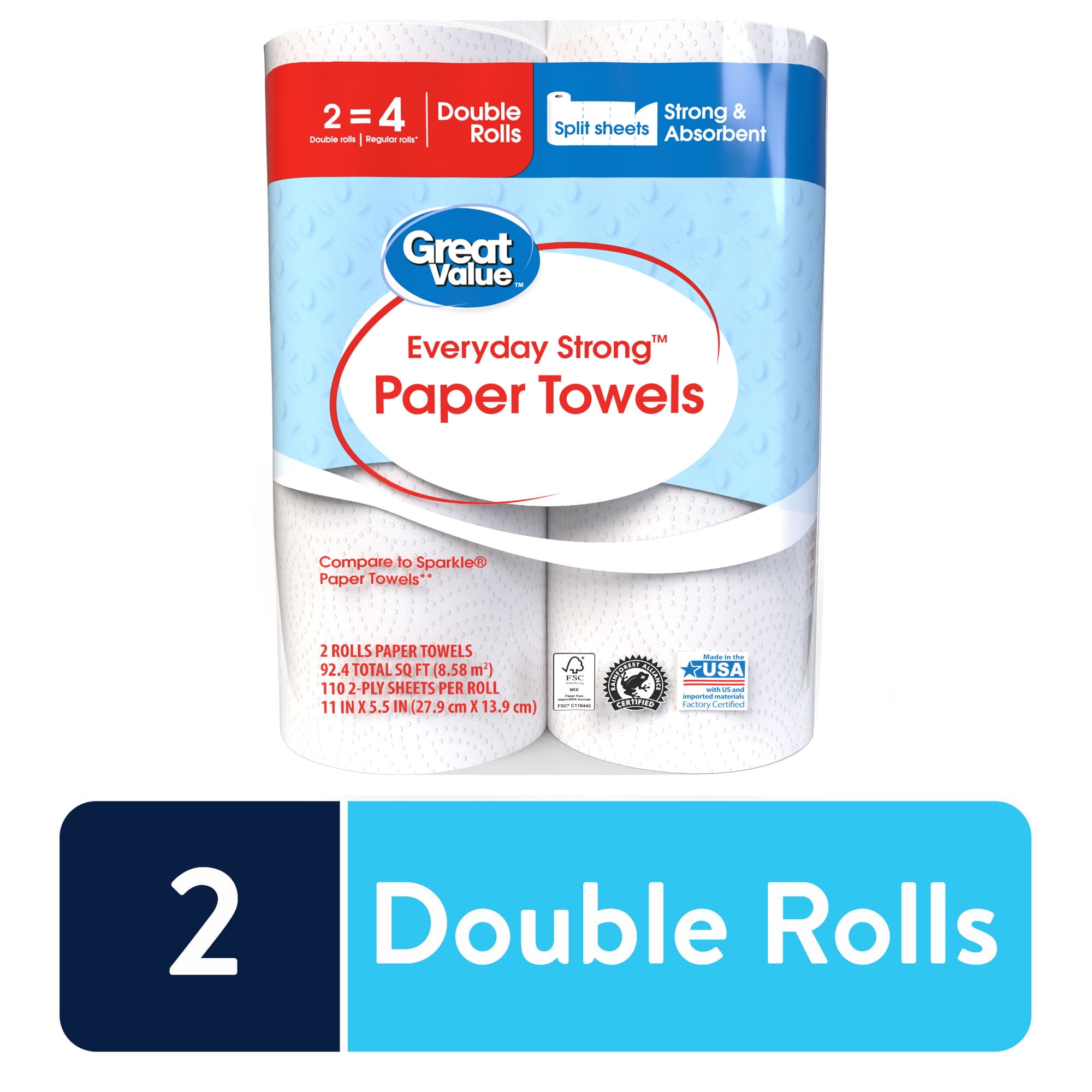 Great Value Everyday Strong Paper Towels, Split Sheet, 2 Double Rolls
