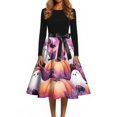 thumbnail image 4 of Halloween Dresses for Women Witch Hat 1950s Crew Neck Novelty Swing Dress Skeleton Printed Long Sleeve Fashion Tea Length Dress with Belt L, 4 of 5