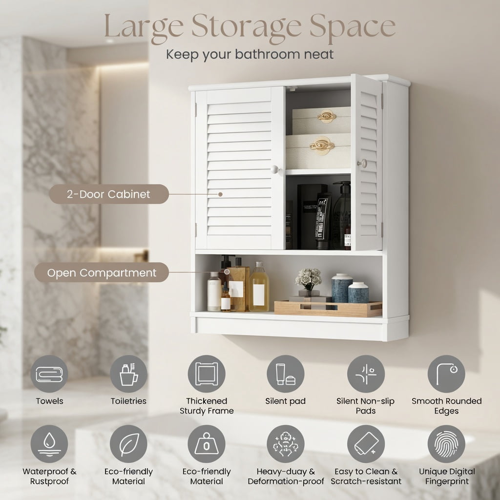 Hommoo Over the Toilet Storage Cabinet with Adjustable Shelf, Double Louvered Doors, MDF Bathroom Organizer for Small Spaces, White