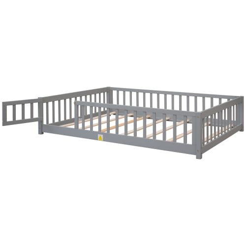 Full Size Floor Bed, Wooden Full Bed Frame with Fence Guardrails & Support Slats & Revolving Door Design, Grey