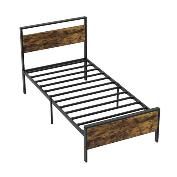 GVN Sturdy Bed Frame, Bedroom Platform Bed Frame,Twin Metal Bed Frame Industrial Platform Bed with Wooden Headboard-Twin Size