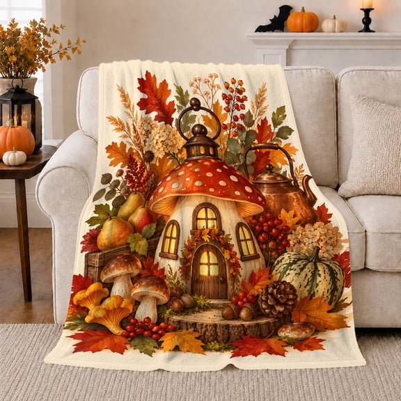 Enchanted Autumn decorative motif House Harvest Scene Magical Forest, Cozy Woodland Scene, Warm Flannel Blanket for Cabin and Lodge, Garden Lovers Thanksgiving Gift, Rustic Home Decor