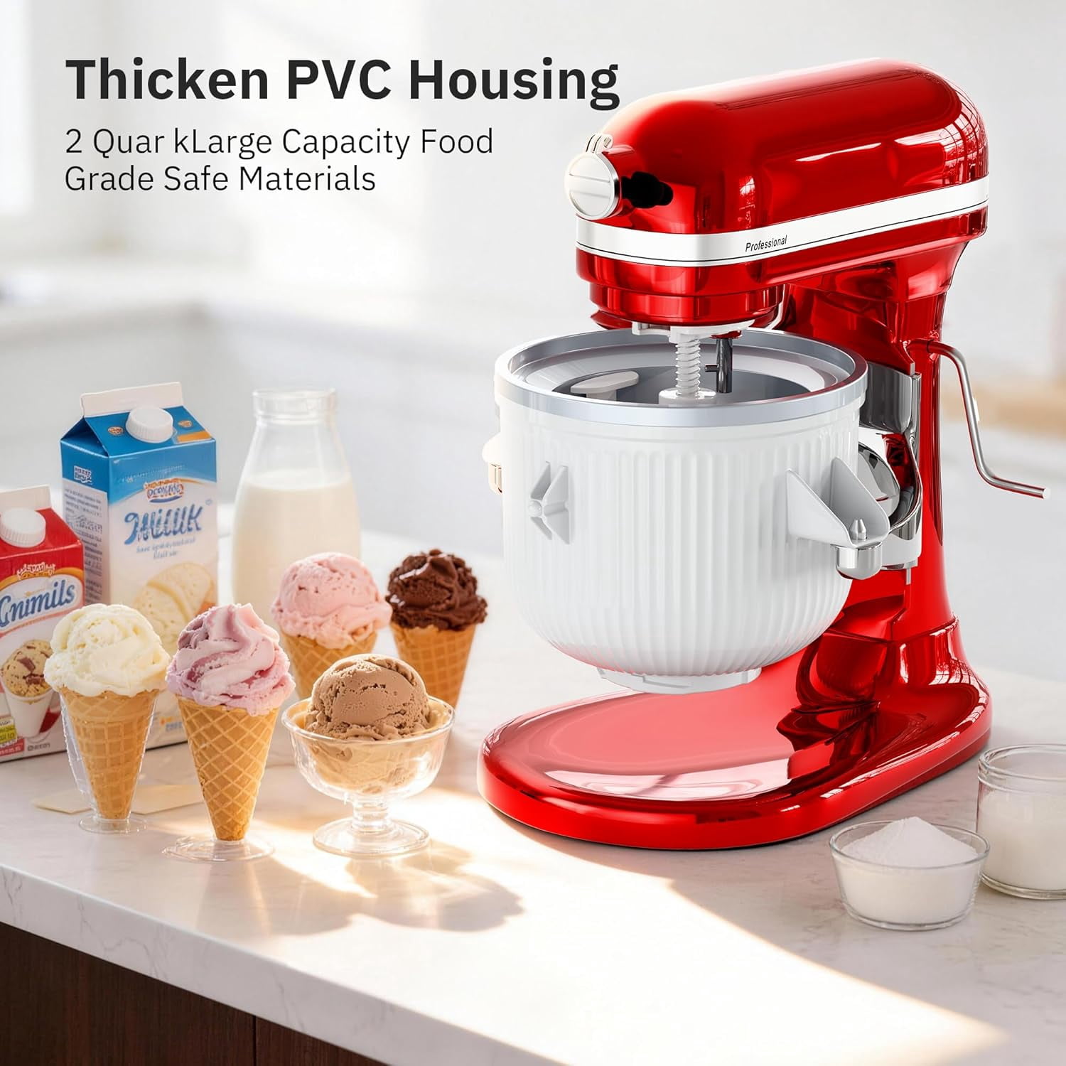 Ice Cream Maker Attachment for KitchenAid Stand Mixer, Ice Cream Bowl Compatible with 4.5Qt and Larger Stand Mixers, Ice Cream & Sorbet Gelato Maker Attachment, 2 Quart, White