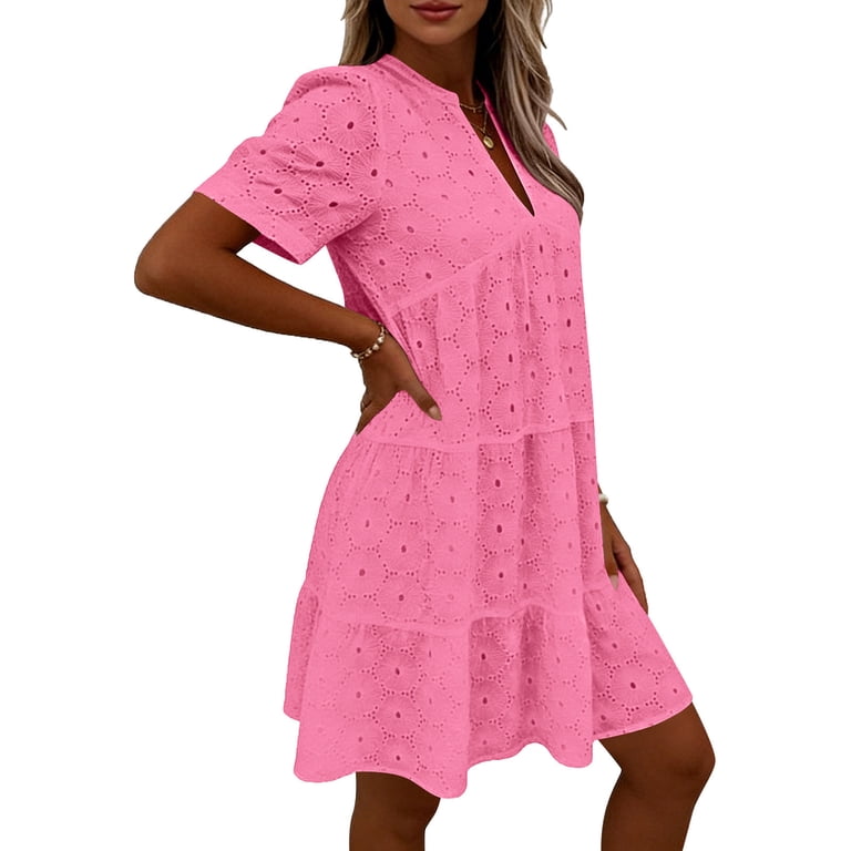 cute pink casual dresses AKOEE Summer Dress for Women Hollow-Out Lace Ruffle Tiered Short Sleeve Loose Mini Travel (2XL, Hot Pink) Pinterest fashion Louise Satin And Lace Colour:DARK GREEN 34378.5M37 Floral