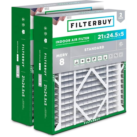 Filterbuy 21x24.5x5 Air Filter MERV 8 Dust Defense, Pleated HVAC AC Furnace Filter Replacement for Rheem, Ruud & Protech, 2-Pack
