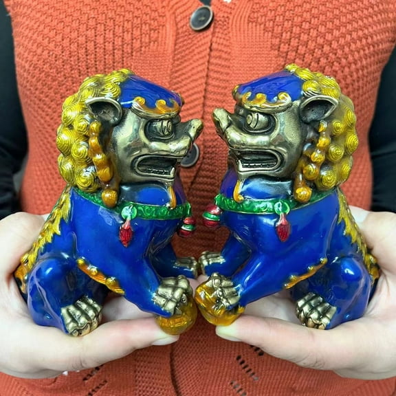A Pair Blue Enamel Ceramic Lion Fu Dog lion Statue Feng Shui Decor Prosperity Home Office Sculpture Gift House statue,Marked FengShui wealth