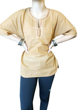 Mogul Women Tunic Top, sheer mustard yellow Solid Floral Embroidered Top, Casual Summer Blouse/Top S