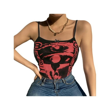 

Canrulo Women s Spaghetti Strap Camisole Graphic Print Sleeveless Crop Cami Tops Clothes Black L