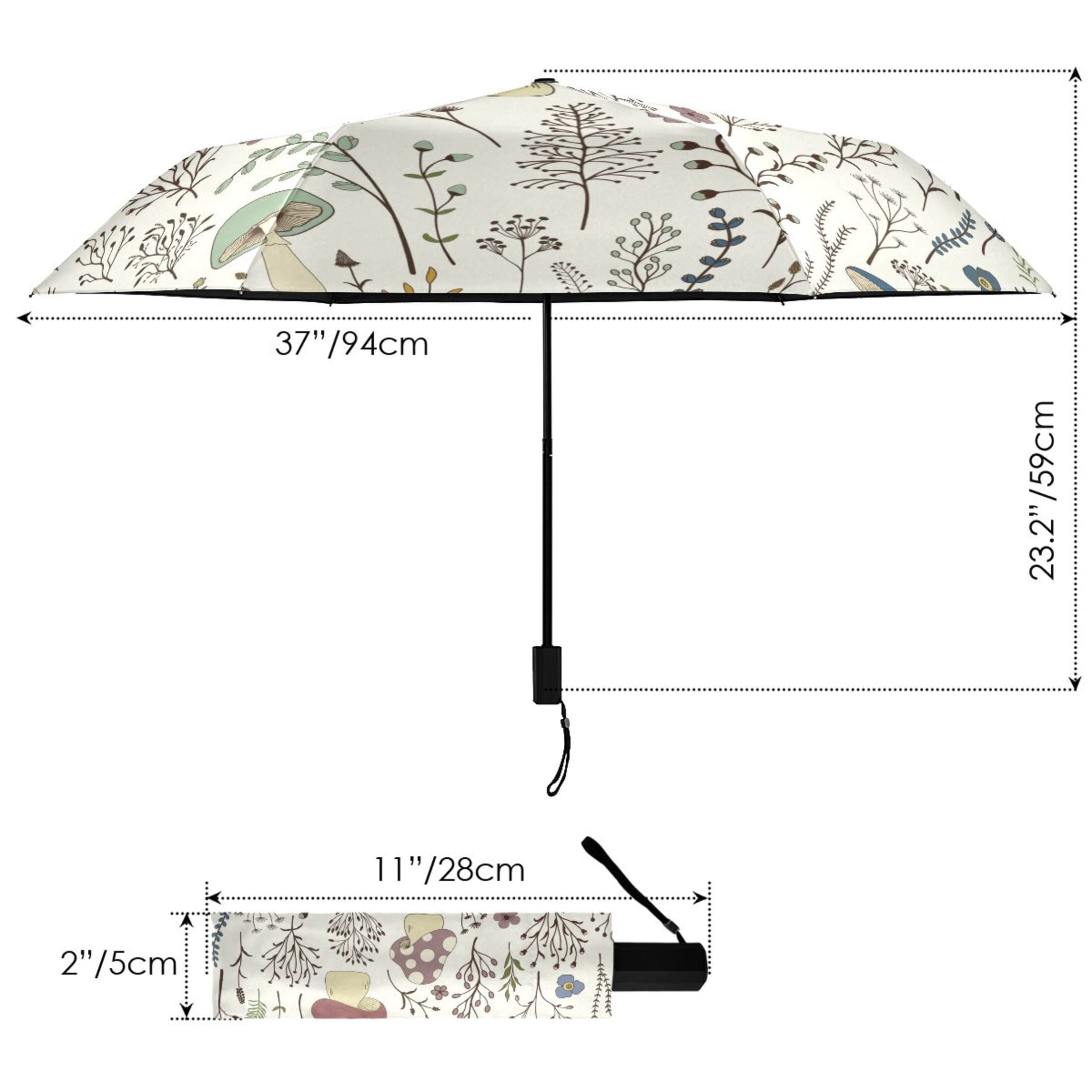 Mushrooms and Floral Compact Folding Umbrella for Rain Windproof Travel Umbrella UPF 50+ Lightweight Packable Arc Size