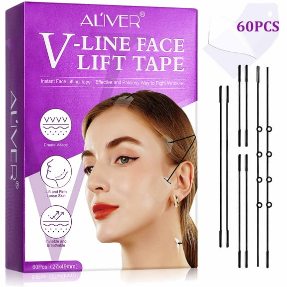 Aliver Face Lift Tape Invisible after Makeup 60PCS, Instant Neck Facial Lifting for Saggy Skin, Breathable, Super Sticky, Waterproof, Lifting Stickers and Adjustable Bands Kit