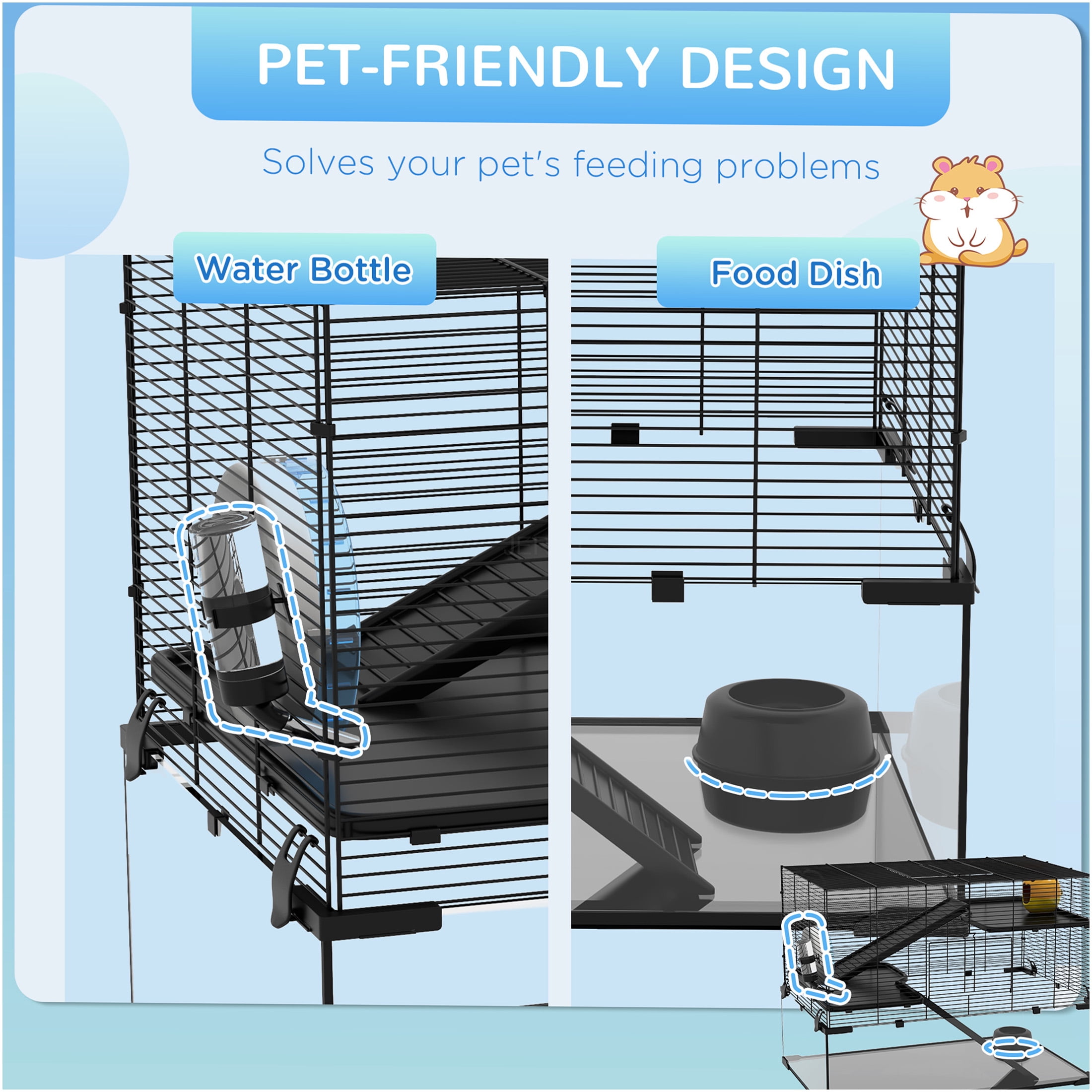 JERFIT 3-Tier Hamster Cage with Glass Base, Detachable Wheel, Water Bottle & Food Dish for Dwarf Hamsters, Gerbils, Mice - Black