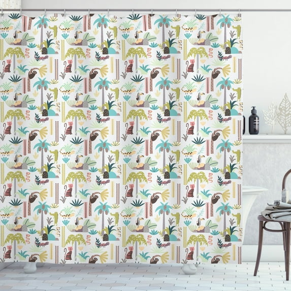 Tropical Shower Curtain, Childish Cartoon Style Toucan Palm Tree and Coconuts Wild Nature of Hawaii Pattern, Fabric Bathroom Set with Hooks, 69W X 70L Inches, Multicolor, by Ambesonne