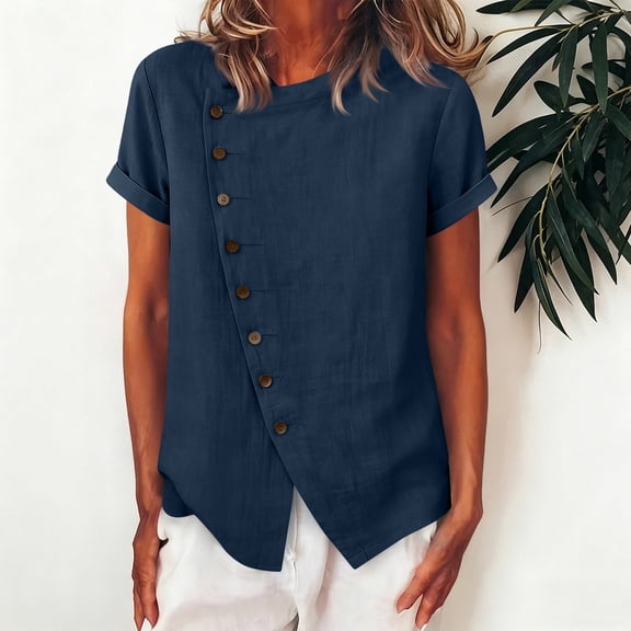 Yteetum Women's Summer Cotton Linen Tops Oversized Short Sleeve Crewneck Asymmetrical Button Shirts Casual Solid Round Neck Loose Lightweight Breathable Qucikly Dry T Shirts