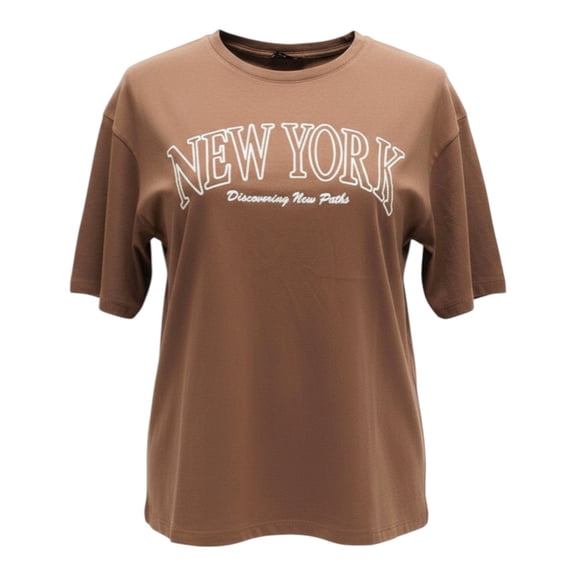 Ambar Women's New York City Logo Relaxed Fit T-Shirt, Brown,M - US