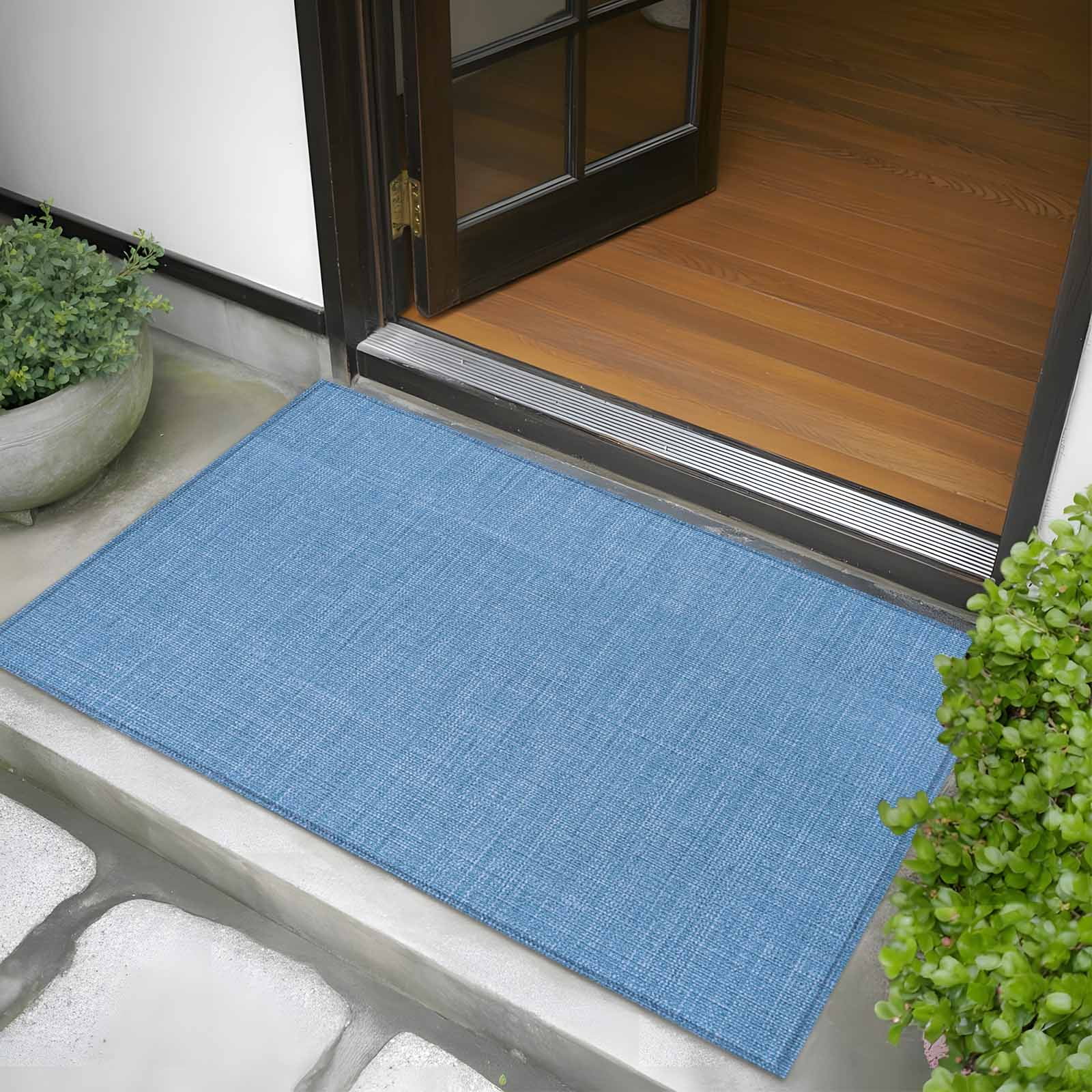 Blue 2x3 Door Mat Rug, Farmhouse Burlap Solid Blue Color Modern Linen Texture Non-Skid Rubber Backing Large Rectangle Rugs - Living Room Bedroom Home Office, Indoor Floor Mat Carpets Washable Rug