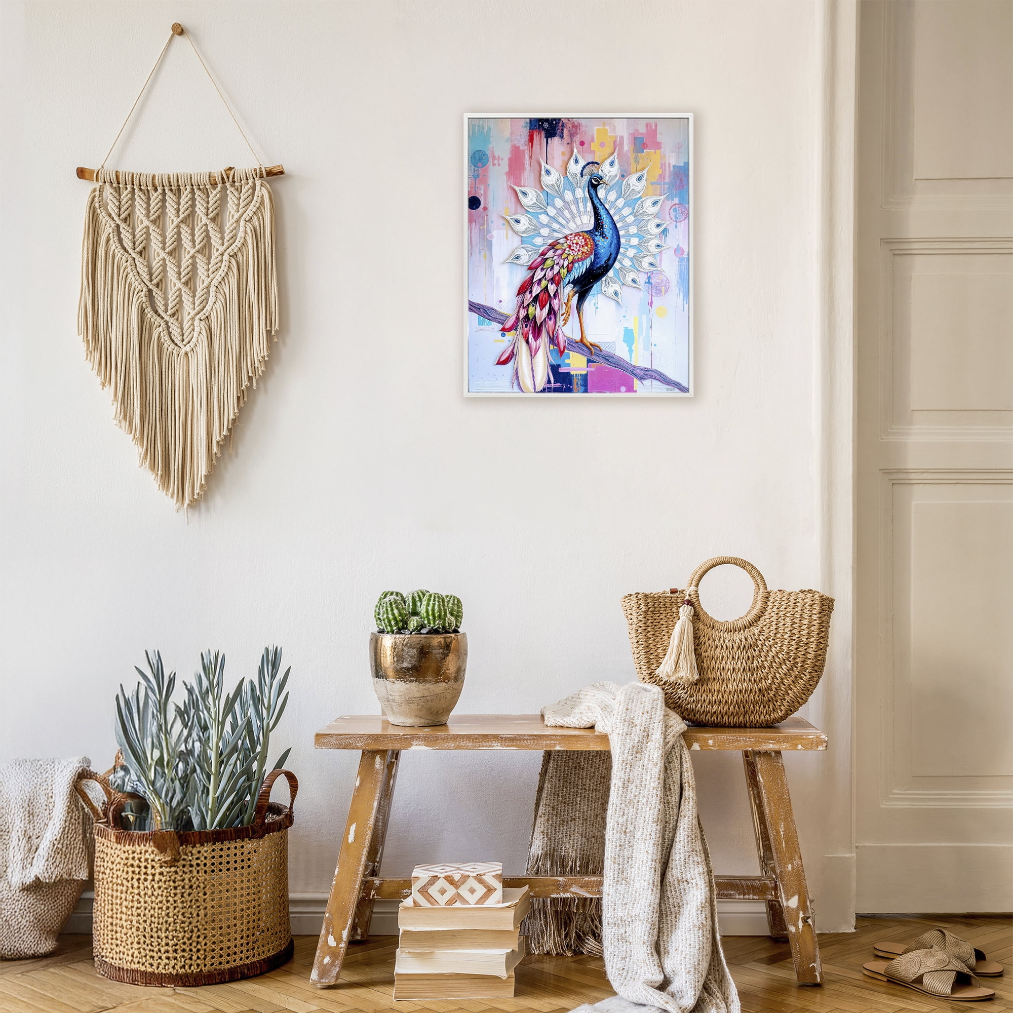 Stupell Industries Radiant Peacock on Branch White Framed Giclee Art, design by Tabz Jones