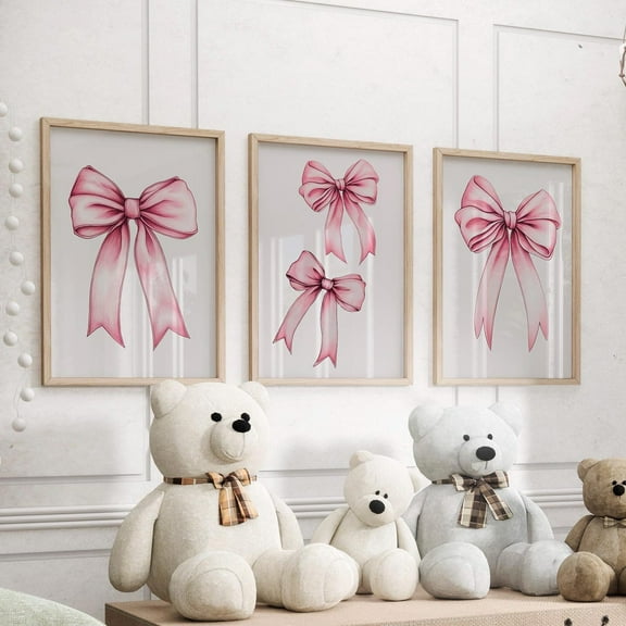 Luvia Pink Bow Prints Nursery Set Of 3 Wall Art Poster Or Print, Pale Pink Bow Minimalist Girls Room Decor, Trendy Bows Poster, Modern Wall Decor Set 3 Prints 8x12 UNFRAMED
