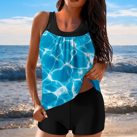 JSGEK Women Tankini Bathing Suit Fashion Print Slimming Effect V Neck Style Swimwear Set Trendy Style Easy Care Fabric Multicolor L
