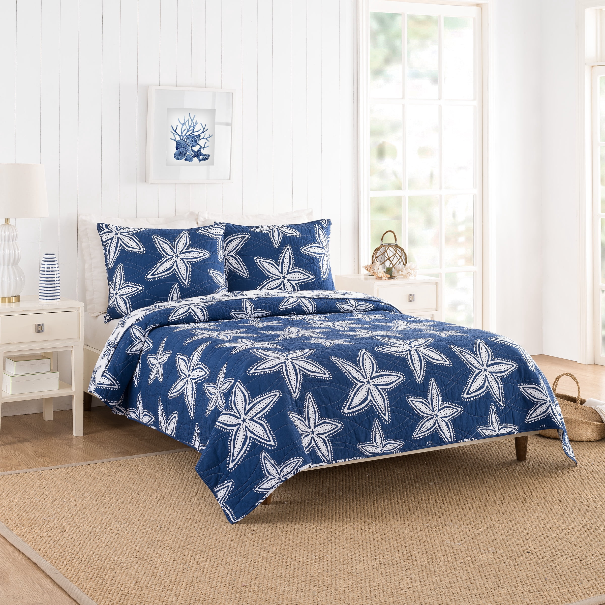 Makers Collection Sea Star Navy Cotton 3-Piece Quilt Set, Full/Queen