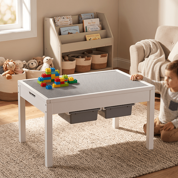 PAWON Kids Activity Table w/ Storage Bins, Compatible with Lego Block Building,Wood Toddler Play Table