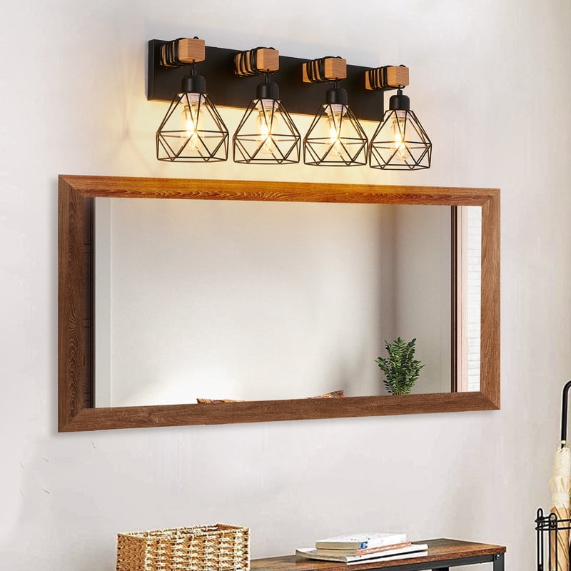 24" Modern Geometric 4-Light Vanity Light Fixture with Black Metal and Wood Accents, Cage Lampshade for Bathroom, Bedroom, Living Room (Bulbs Not Included)
