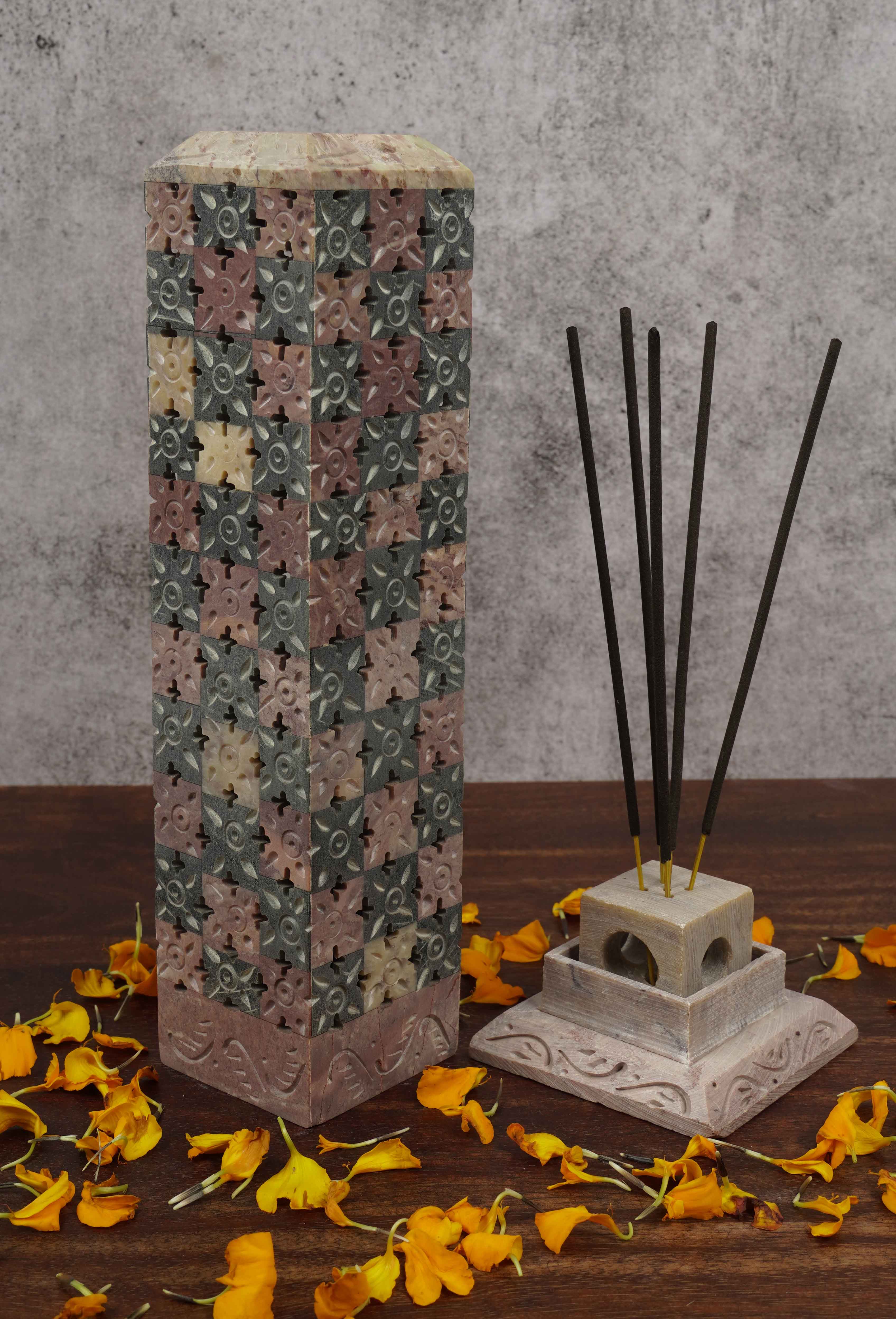 IBA Indianbeautifulart Handmade Stone Incense Stick Burner | Candle Stick Holder | Tea Light Burner , Perfect Floral Carving for Gifting- Decorative Home and Kitchen Decor (10x 2.2 Inches)