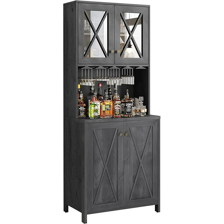 Dextrus Farmhouse Bar Cabinet for Liquor and Glasses, Dining - Charcoal Grey