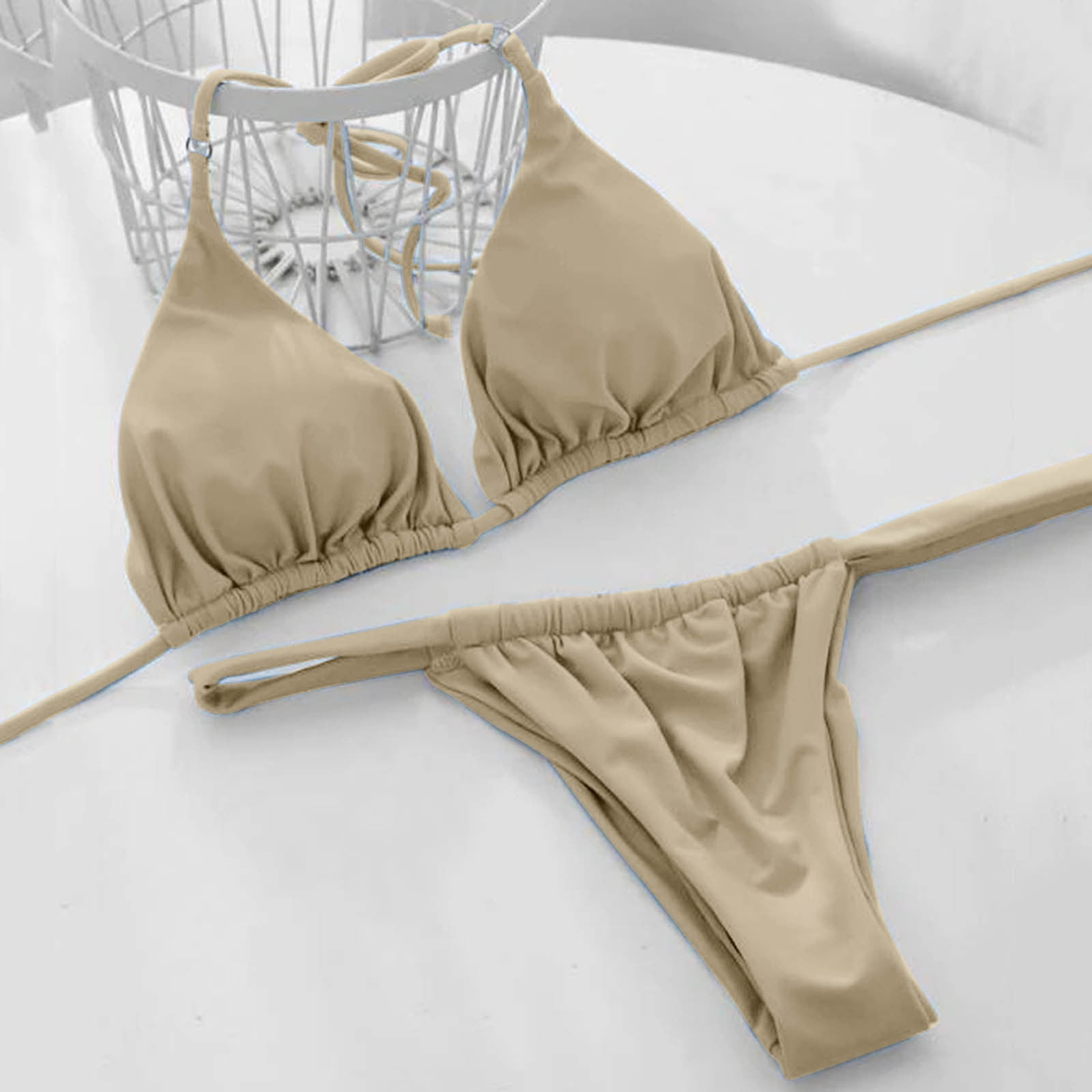 HSMQHJWE Bikini Set Bandage Solid Brazilian Swimwear Two Pieces Swimsuit  Padded Thong Bathing Suits Khaki,XL) 