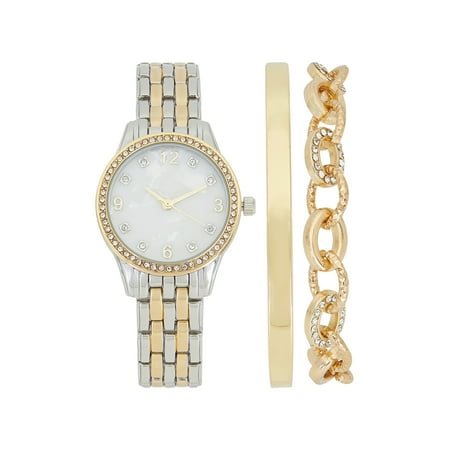 Time and Tru Women's Two Tone Round Watch and Link and Bangle Bracelet Set, 3-Piece