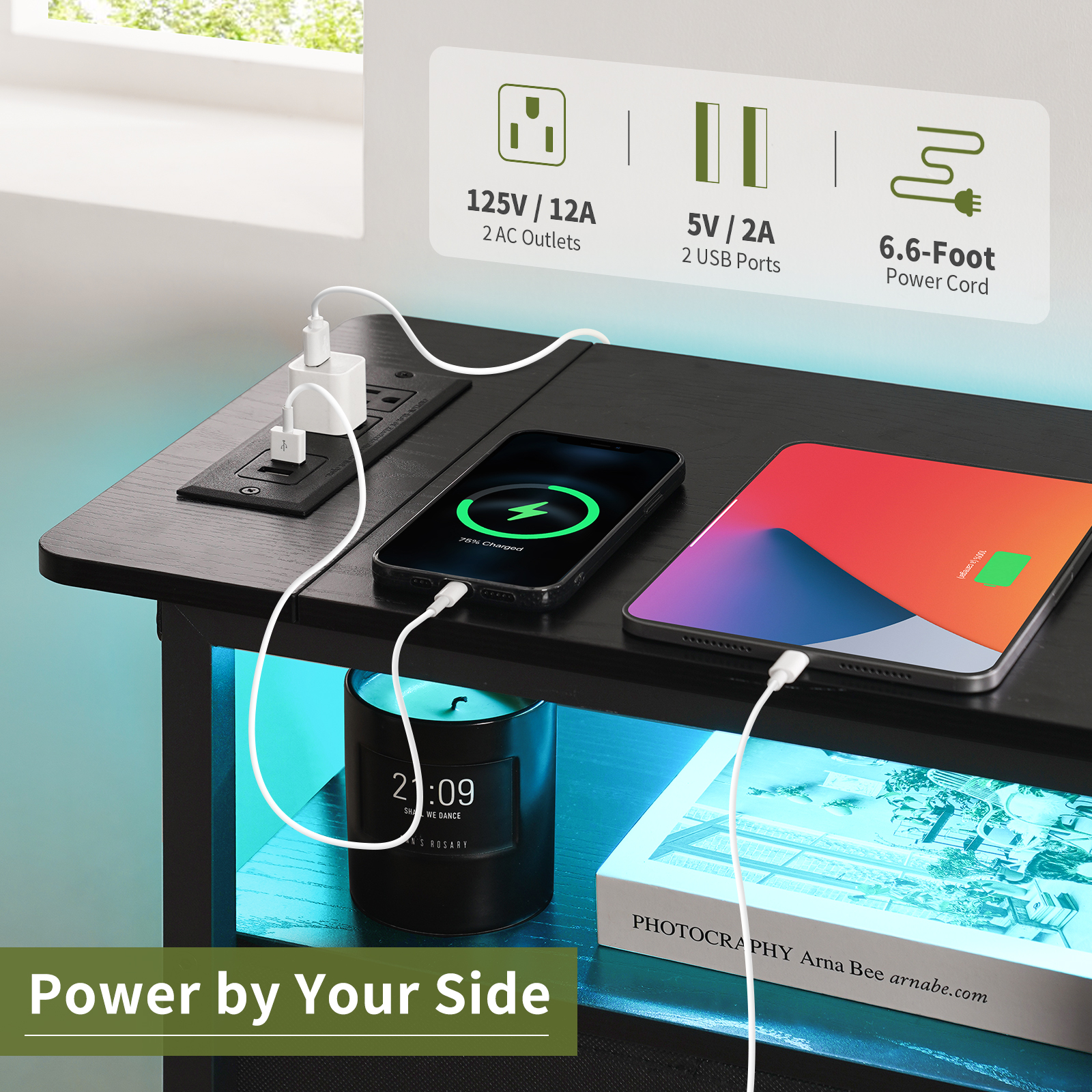 HomeYoobure Nightstand with LED Charging Station, Black photo 7